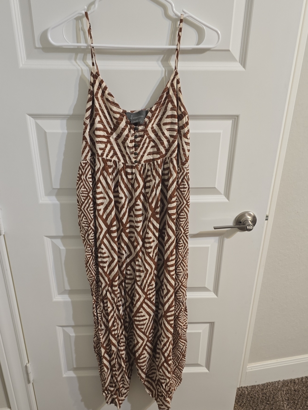 Anthropologie Brown & White Geometric Spaghetti-Strap Maxi Dress